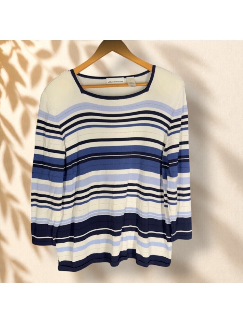 Alfred Dunner T-Shirt Women L Large White Striped 3/4 Sleeve Square Neck Rayon
